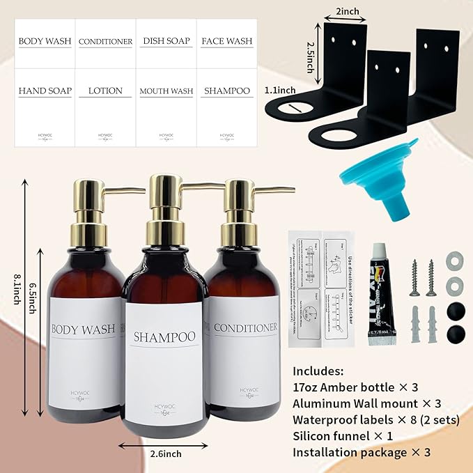 Shampoo Dispenser for Shower Wall, Shampoo and Conditioner Dispenser with 16 Waterproof Labels, No Drill Shower Soap Dispenser Bathroom, Shower Soap Dispenser Wall Mounted,17oz, 3 Pack, Gold Amber
