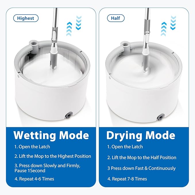 Spin Mop and Bucket with Wringer Set, 360° Spinning Mop Bucket with Separate Dirty and Clean Water System with 3 Microfiber Mop Pads and 52" Stainless Steel Adjustable Handle for Floor Wall Cleaning
