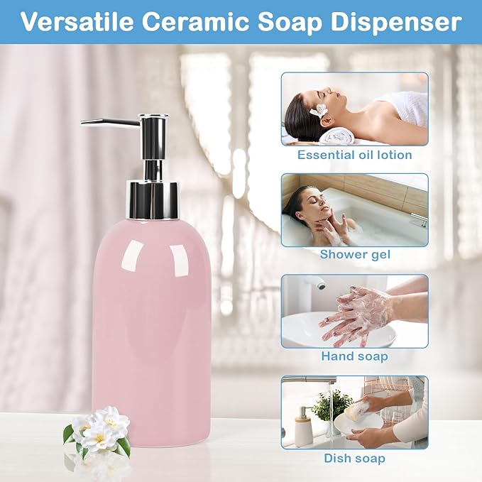 Natheeph 14OZ Ceramic Soap Dispenser Ceramic Soap Pump Dispenser Can Fill Liquid for Bathroom/Kitchen (Pink)