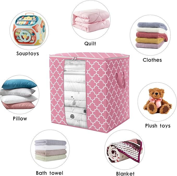 Storage Bags 3 Pack/100L Large Blanket Clothes Organization and Storage, Pink