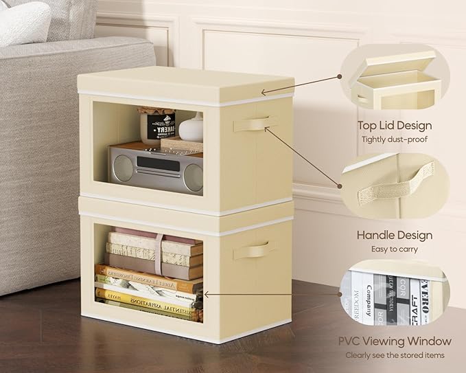 Homsorout Collapsible Storage Bins with Lids - Stackable Storage Containers with Window, 3 Pack Fabric Organizing Bins for Closet, Home & Office Organization Baskets, Beige, 14.9" x 9.8" x 9.8"