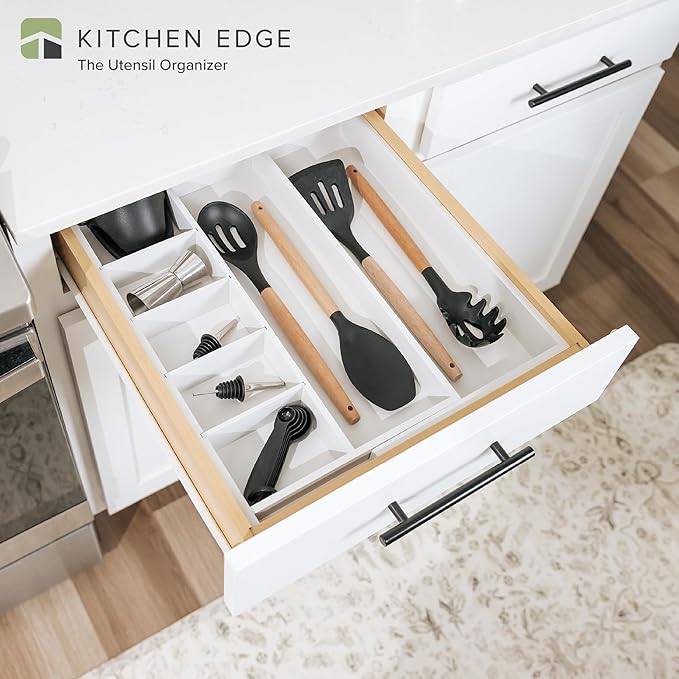 KitchenEdge Adjustable Kitchen Drawer Organizer for Utensils and Junk, Food-Safe Contract Grade with 100% Sustainable Wood