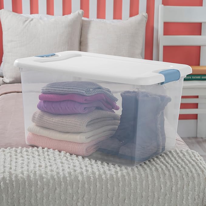 Sterilite 8-Pack 64 Quart Latching Box, Clear Plastic Storage Organizer Bins with White Lids - Large Stackable Containers for Home Bedroom, Dorm Room, and Closet Organization