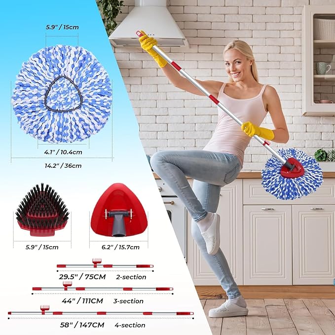 Fatmass Spin Mop Head and Brush Replacement Compatible with O Cedar RinseClean 2-Tank System, 4 Mop Replace Heads, 1 Handle, 1 Base and 1 Scrub Brush Combo Set