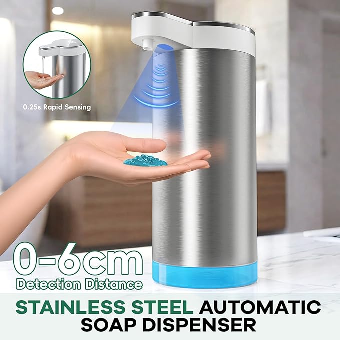 Automatic Soap Dispenser Touchless,Stainless Steel Hand Soap Dispenser,11.8oz/350ml,4 Adjustable Levels,USB Rechargeable,Desktop & Wall-Mounted Dual Use,for Kitchen & Bathroom,Liquid White