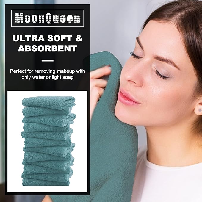 MOONQUEEN Microfiber Facial Cloths Fast Drying Washcloth 12 Pack - Premium Soft Makeup Remover Cloths - Teal