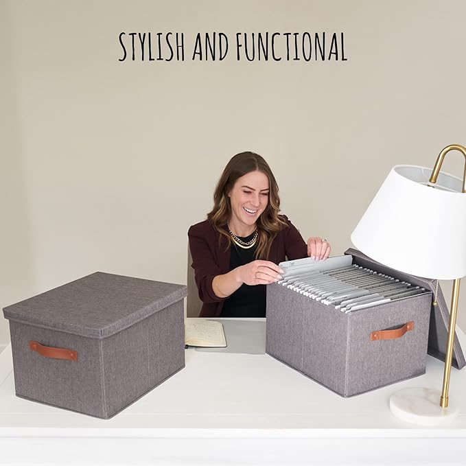 ZICOTO Decorative File Organizer Box Set of 2 - Collapsible Linen Filing Cabinets w/Handles Are Perfect to Store all Your Documents & Hanging File