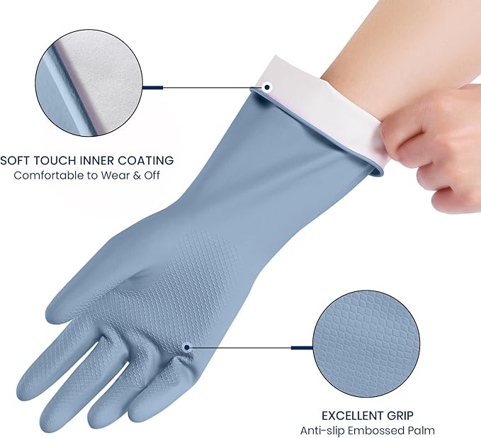 Rubber Cleaning Gloves for Dishwashing, 4 Pairs Reusable Kitchen Gloves for Washing Dishes and Household Cleaning, Blue Dish Gloves with Flocked Lining and Non-Slip Grip, Pefect for Woman Men - L