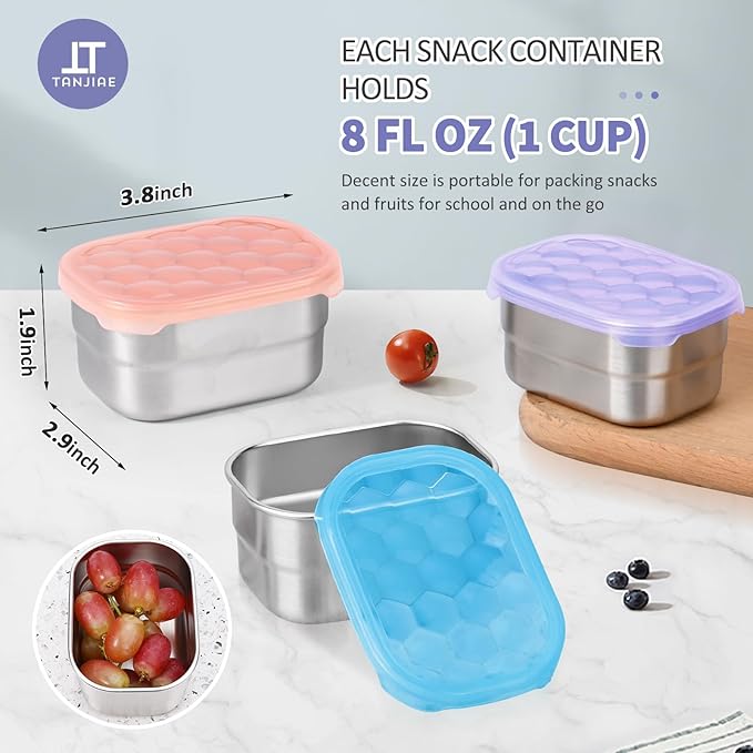 Tanjiae Snack Pro - Small (1 CUP) Stainless Steel Snack Containers for Kids | Easy Open Leak Proof Food Containers with Silicone Lids
