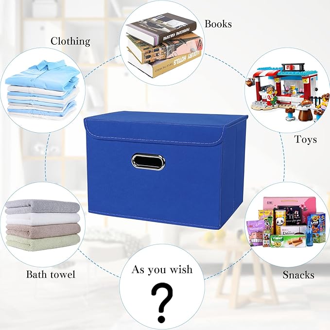 STOREONE Fabric Storage Cube Bins Foldable Organizer Container Collapsible Basket with Lids and Metal Handles, for Home, Bedroom, Closet 3 Pcs (Dark Blue)
