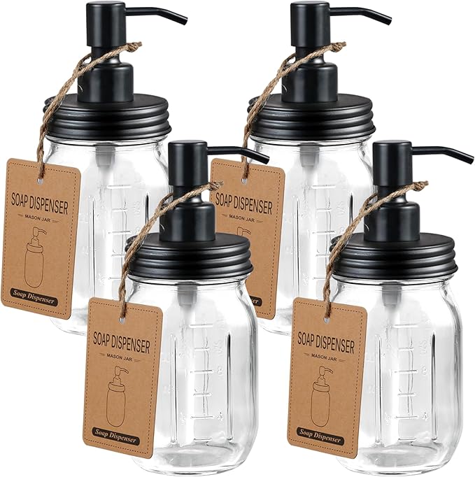 Amolliar 4 Pack Mason Jar Liquid Soap Dispensers, Rustproof Stainless Steel Lid Pump, Waterproof Sticker, Refillable Hand Soap for Bathroom, Kitchen, Dish Soap, Lotion Soap, Farmhouse Decor(Black)