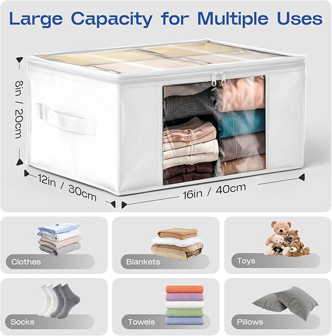 Clothes Storage Bags, Foldable Thick Fabric Blanket Storage Bags, White, 6PACK