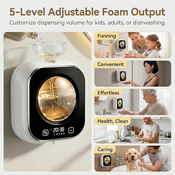 Automatic Foam Soap Dispenser Bathroom,Wall Mounted Touchless Foaming Soap Dispenser Rechargeable with Smart LCD Display & 5-Level Adjustable Foam,Electric Dispenser for Kitchen Office (White)