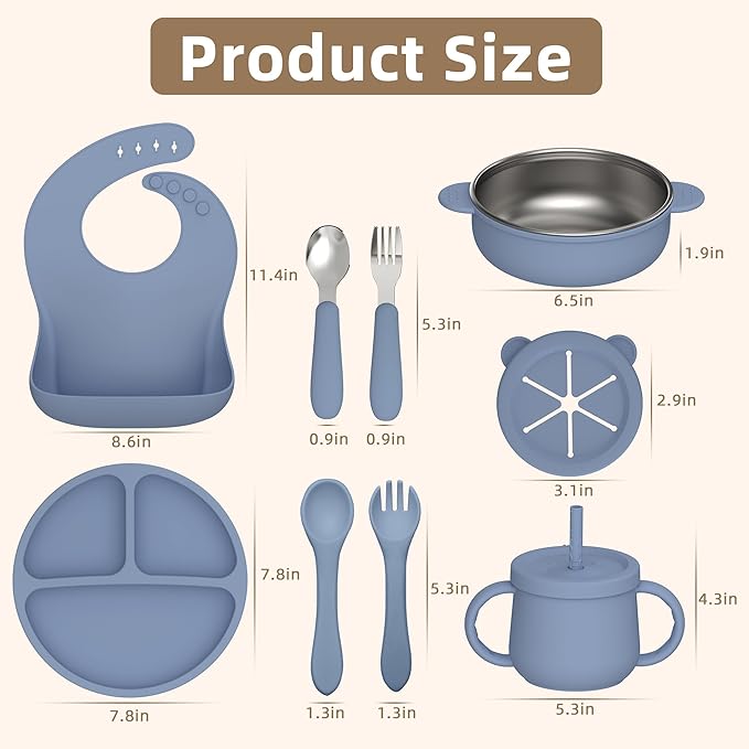27 Pack Silicone Baby Feeding Set, Hepotk BPA-Free Food Grade Baby Feeding Essentials Utensils, Second Stage Baby Food Eating Utensils, Set of 3 babies(Brown, Blue, Green)