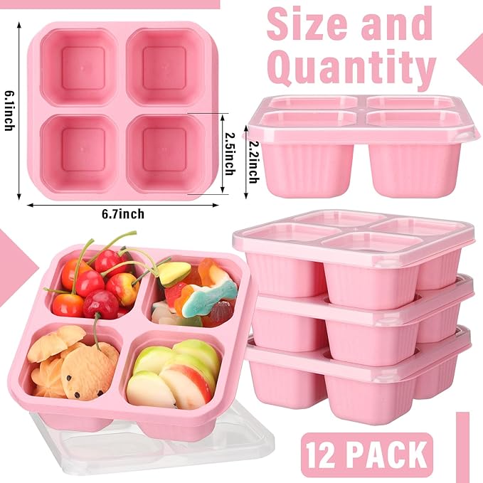 Ziliny 12 Pcs 4 Divided Compartments Snack Containers Bento Wheat Straw Snack Box with Lid Reusable Meal Prep Lunch Box Food Storage Containers for Adults Christmas Travel Work Gifts(Pink)