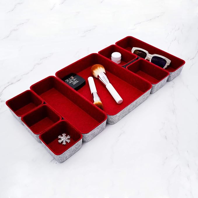 Welaxy Desk Drawer organizers tray Felt storage bins office Sleek Minimalist Lifestyle chic aesthetics room décor for dorm closet decluttering 8-piece (Burgundy)