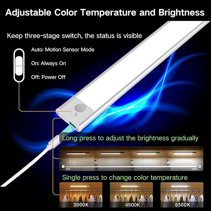 Motion Sensor Under Cabinet Lighting-Magnetic Rechargeable Closet Lights for Kitchen,Stairs,Wardrobe | 3-Color Dimmable LED Under Counter Lighting | Pro Battery Upgrade (4, 8 inch)