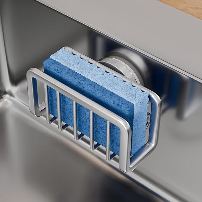 TAILI Sponge Holder for Kitchen Sink with Strong Suction Cup, Removable Sponge Holder, Rustproof Aluminum Sink Caddy for Sponges, Dish Brush - Silver