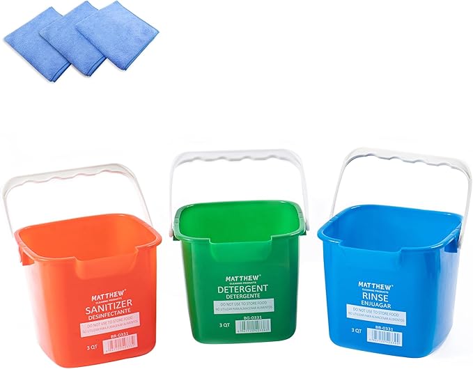 Matthew Red&Green&Blue Detergent and Sanitizing Cleaning Bucket 3 Quart Cleaning Pail,Set of 3 Square Containers,Built-In Spout w/Handle,Wash Rinse Sanitize Handwash Bucket,Incl.3Pcs Microfiber Cloths