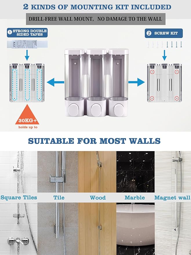 RANKADO Luxury Shower Soap Dispenser Bathroom with Tray,Drill Free Shampoo and Conditioner Dispenser with Mounting Tapes,Shower Soap Dispenser with Labels,Shampoo Dispenser for Shower Wall