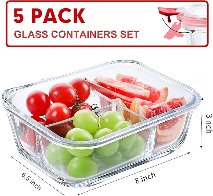 VERONES 5 Pack Glass Meal Prep Containers 3 Compartment Set, 36OZ Airtight Glass Lunch Containers, Glass Food Storage Containers with Lids