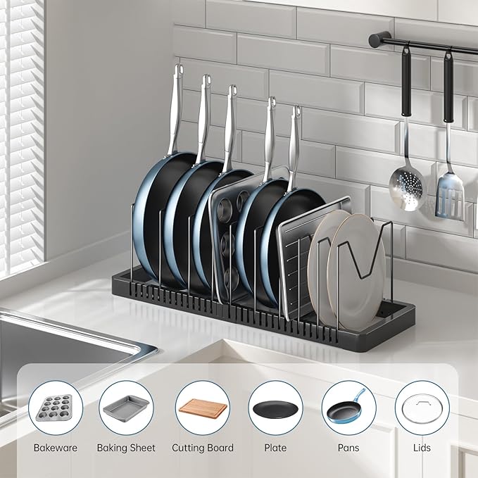 PanPanPal Pots and Pans Organizer under Cabinet, Expandable Pot Lid Organizer Holder with 10 Adjustable Compartment, Pan Organizers inside Cabinet for Lids, Bakeware, Kitchen Storage Pot Rack, Black