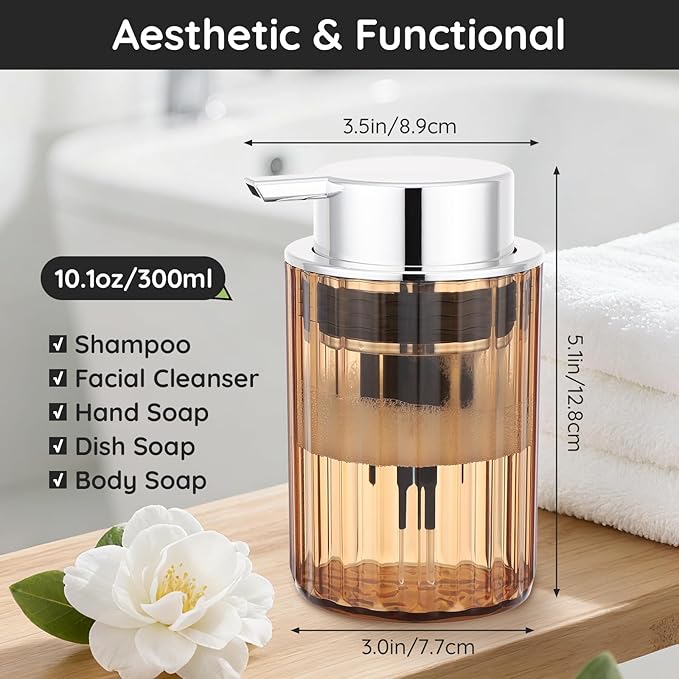 Segbeauty 10oz Plastic Amber Foam Soap Dispenser for Kitchen Sink, 300ml Bathroom Foaming Countertop Soap Dispensers, Foam Pump Bottle Empty, Shaving Face Wash Liquid Pump Foamer Bottles Dispenser