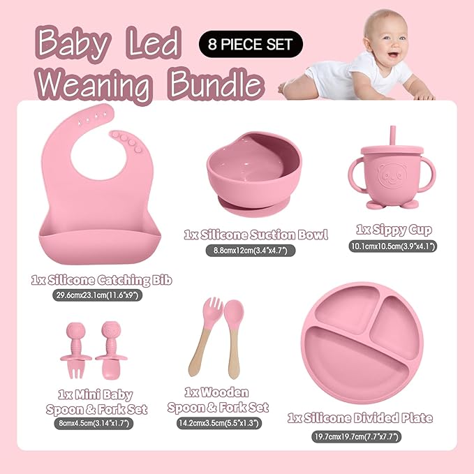 Baby Led Weaning Supplies, 8 Piece BPA-Free Silicone Feeding Set, Silicone Suction Bowl, Forks & Spoons, Bib & Cup, Develops Self Feeding Skills