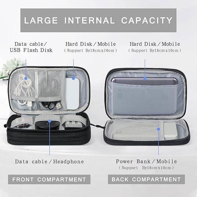 Skycase Electronic Organizer Travel Case - Waterproof Travel Cord Pouches for Organization, Cable Organizer, All-in-One Double Layers Storage Bag for Accessories, Charger, Cable, Black