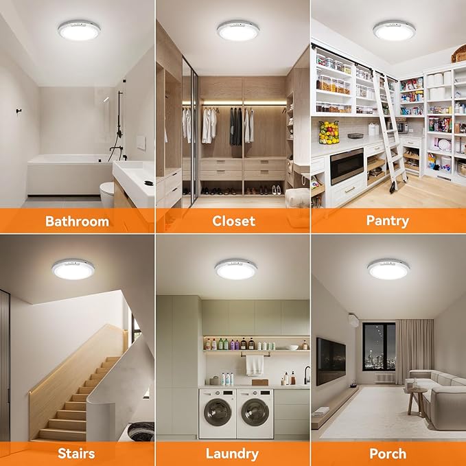 Rechargeable Motion Sensor Ceiling Light Indoor Outdoor w/Remote, 7.08 Inch Battery Operated Flush Mount Ceiling Light 3000K 4000K 6000K 400LM Dimmable for Closet Hallway Laundry Stairs (2)