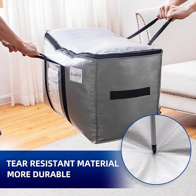TAILI Extra Large Moving Bags, 2 Pack Silver Heavy Duty Totes for Storage with Visible Window, Wrap Around Handles, Storage Bags for Space Saving
