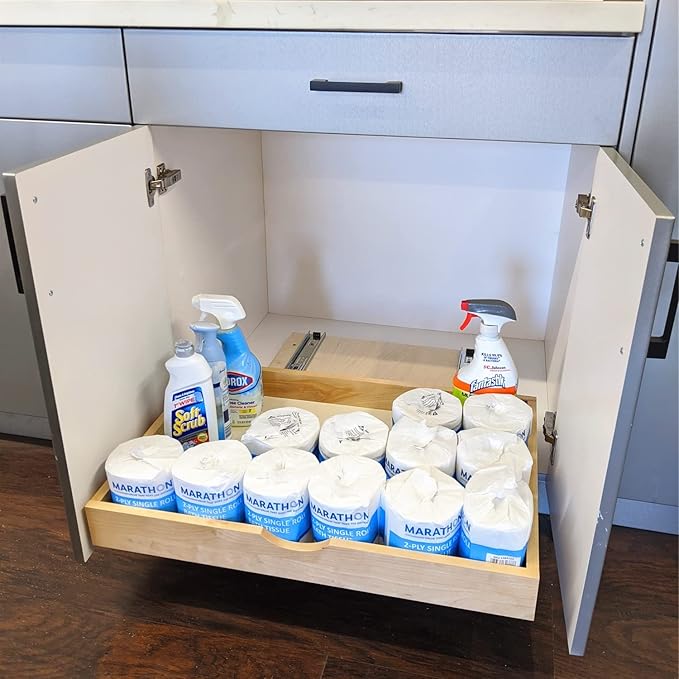 26'' Under Sink Organizers Storage Dovetail Drawer Rollout Drawer Wood Tray Kitchen Organizer Cabinet Slide Out Shelve Pull-Out Shelf Organization Assembled w/Sliders (26'' Width/one Drawer)