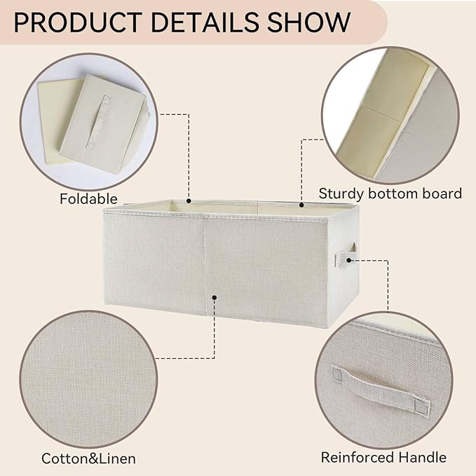 3 Pack Linen Storage Baskets with Handle, Beige