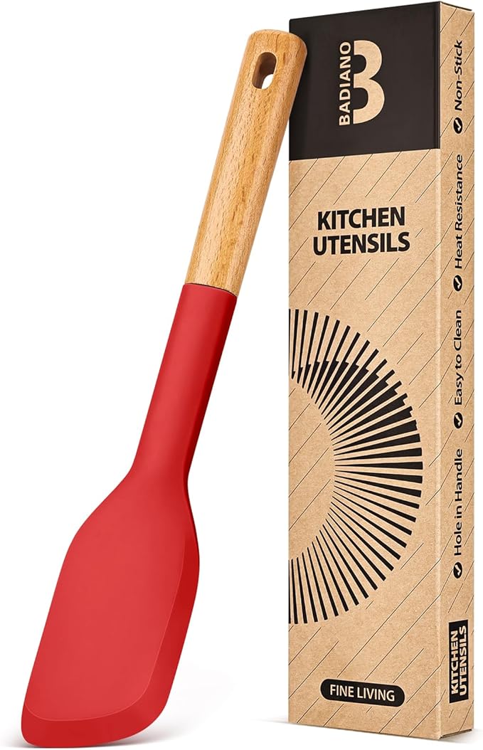 Silicone Everyday Spatula, Great For Stirring, Mixing And Scraping, Sturdy Bpa-Free Matte Silicone, Wooden Handle Rubber Scraper For Nonstick Cookwares (RED)