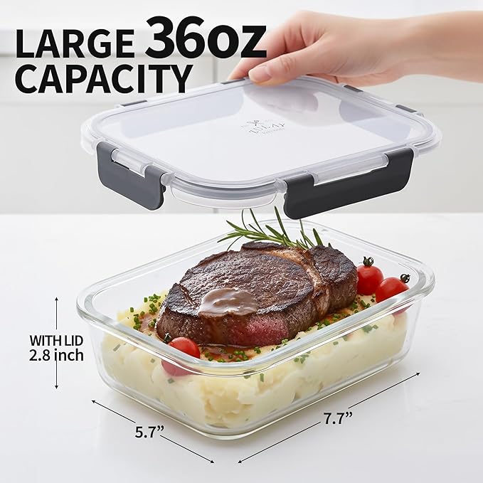 36 oz Glass Food Storage Containers with Lids, Leak-Proof, 5-Piece Set, Gray