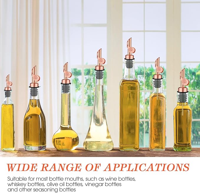 Kinlop 6 Pcs Weighted Stainless Steel Liquor Bottle Pourers Auto Flip Olive Oil Dispenser Spout Balsamic Alcohol Pourer Spouts (Rose Gold)