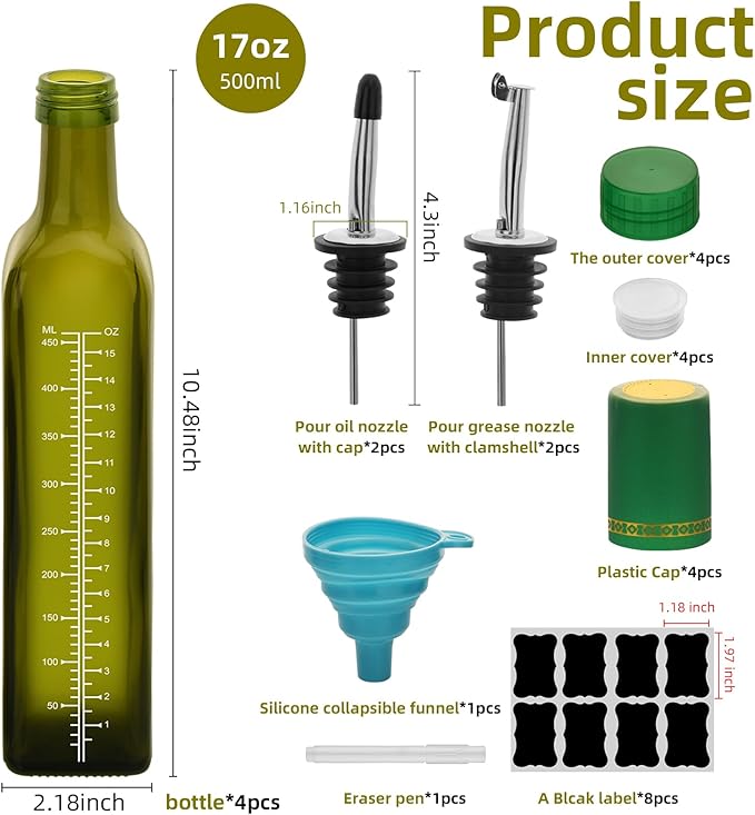 17oz 4 Pcs Scale Olive Oil Dispenser Bottle,500ml Glass Oil and Vinegar Dispenser Set with 4 Stainless Steel Pourers, 8 Labels,Funnel Oil Bottles for Kitchen (Green)