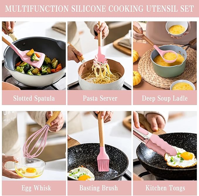 Premium Silicone Kitchen Cooking Utensils Set, 33pcs – 446°F Heat Resistant, Non-stick, BPA-Free, Wooden Handles, Spatula, Turner, Tongs, Spoon, Brush, Whisk – Essential Cooking Gadgets (Pink)
