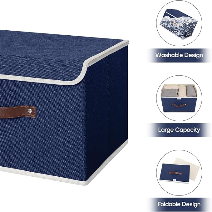 ANMINY Storage Bin with Lid Storage Boxes with PU Leather Handles PP Plastic Board Decorative Foldable Lidded Cotton Linen Fabric Home Cubes Baskets