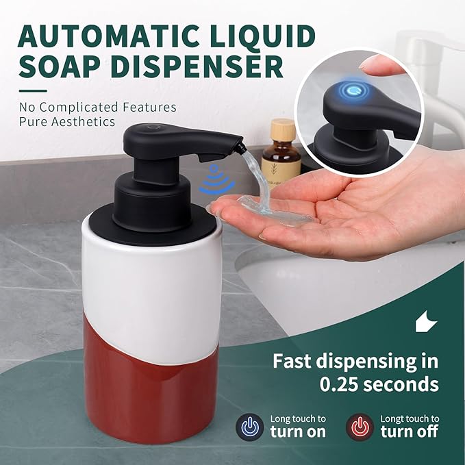 BosilunLife Automatic Soap Dispenser Ceramic Hand Free Soap Dispenser with Waterproof Pump Rechargeable Smart Electric Soap Lotion Dispenser Touchless for Kitchen Bathroom (White-Red, Liquid Pump)