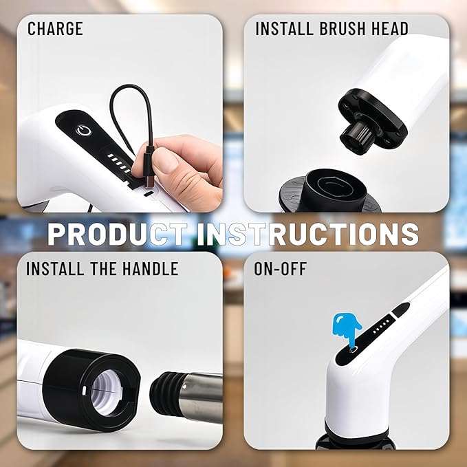 Electric Spin Scrubber- Ditch The Scrubbing! Long Handle Shower Scrubber with 9 Replaceable Heads - 2 Speed Cordless Brush Ensures Long Battery Life, Modern White Design!