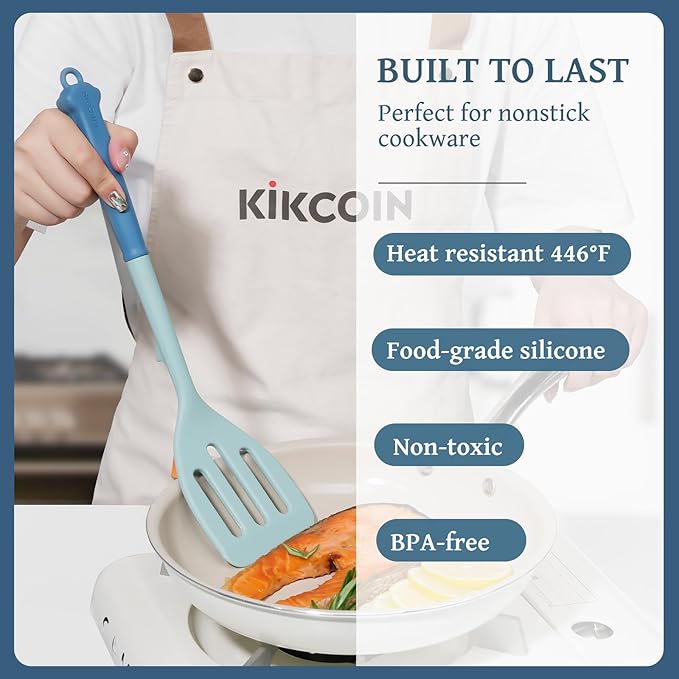 Kikcoin 43Pcs Large Kitchen Utensils Set - Silicone Cooking Utensils Set, Dishwasher Safe Spatula Set for Non-stick Cookware, 446°F Heat Resistant Kitchen Utensils Set with Holder BPA Free, Blue