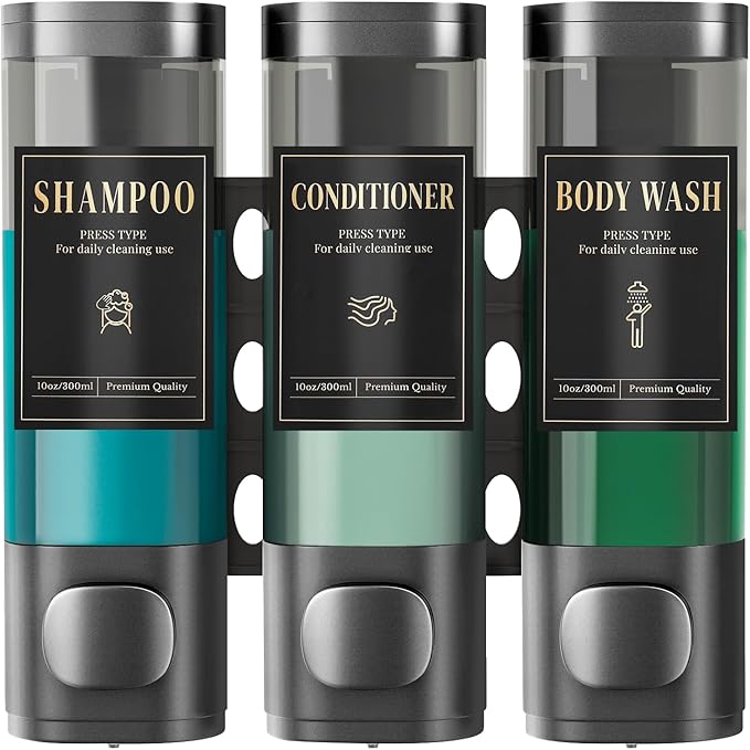 Luxspire Shampoo and Conditioner Dispenser, No Drill Wall Mounted Shower Soap Dispenser 3 Chamber with Waterproof Labels, Easy Refill Soap Dispenser for Bathroom Hotel Kitchen, Gray
