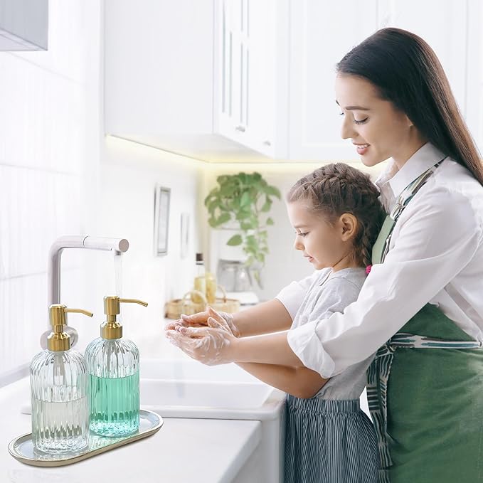JASAI 2PACK 18Oz Fluted Glass Soap Dispenser with Golden Rust Proof Pump, Refillable Kitchen soap Dispenser with Vertical Stripe, Bathroom Soap Dispenser for Dispense Hand soap, Dish Soap, Lotion.