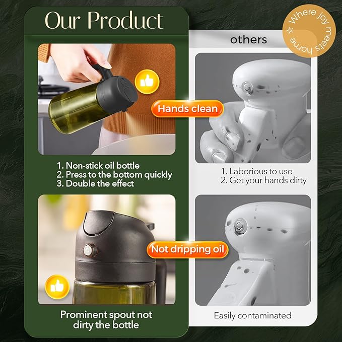 YARRAMATE 16oz/470ml Light-Blocking Dark Oil Sprayer for Cooking, 2 in 1 Olive Oil Dispenser Bottle for Kitchen, Premium Dark Green Glass Oil Bottle, Food-Grade Oil Mister for Air Fryer, BBQ (Black)