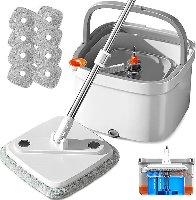 KZKR Spin Mop and Bucket Set with Self Separation Dirty and Clean Water System, Self Wringing 360° Rotating Square Mop Head for Home Floors Cleaning (1.0 Mop and Bucket Set (8 Pads))
