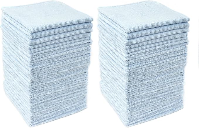 HAWOK Microfiber Cleaning Cloths with Poly Scour Scrub Side, 13 x 13 inches, 50 Pack, Glass Car Window Dish Cloths, Reusable and Machine Washable, Lint-Free, Light Blue