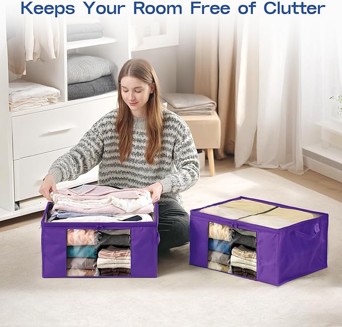 Clothes Storage Bags, Foldable Thick Fabric Blanket Storage Bags, Purple, 4PACK