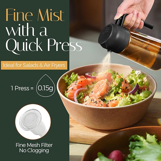 YARRAMATE 16oz/470ml Light Blocking Oil Sprayer for Cooking with Stickers, Food-Grade 2 in 1 Olive Oil Dispenser Bottle for Kitchen, Premium Dark Amber Glass Oil Bottle for Air Fryer, BBQ (Black)
