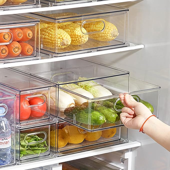 MineSign 9 Pack Stackable Refrigerator Organizer Bins Pull-Out Drawers for Fruit and Veggies Storage Organizer for Fridge Clear Drawer Containers with Handle Divided Organization for Produce Saver